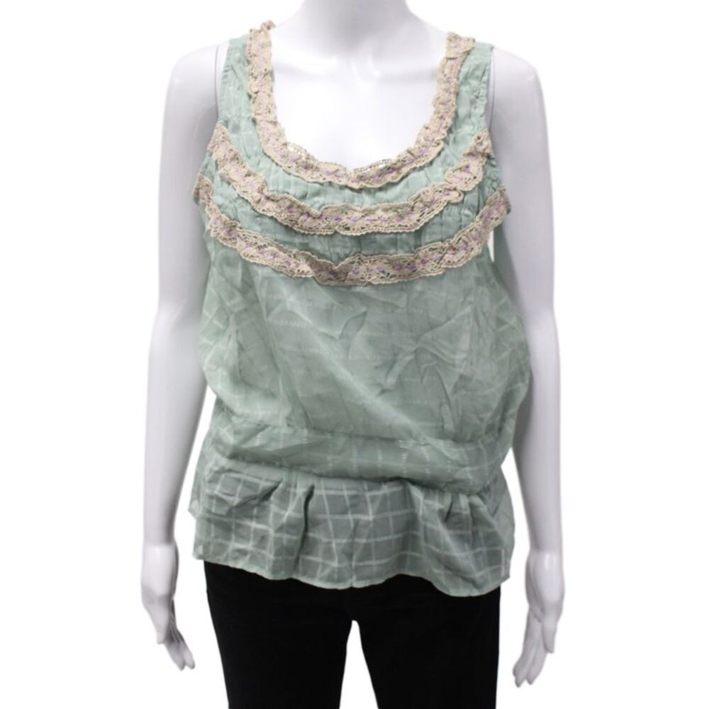 Free People Women Boho Green Check Scoop Neck Camisole 100% Polyester Size 10